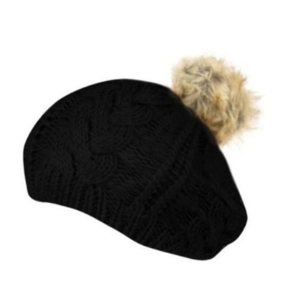 Black Knit Fur Pom Pom Beret